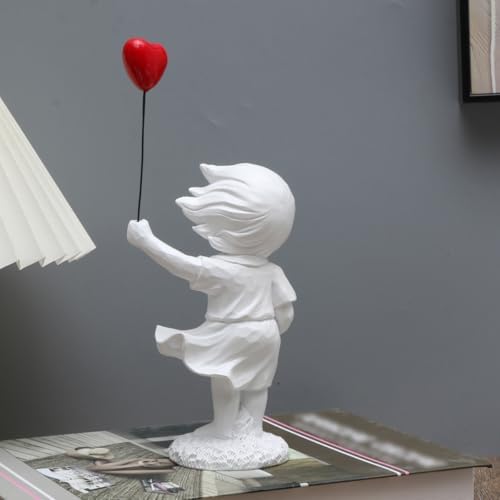 Delicate White Girl Statue Holding Red Balloon Home Decoration