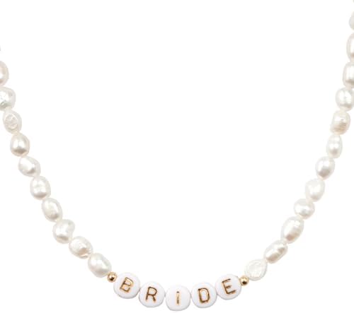 Bride Freshwater Pearl Beaded Choker Necklace with Gold Letter Beads