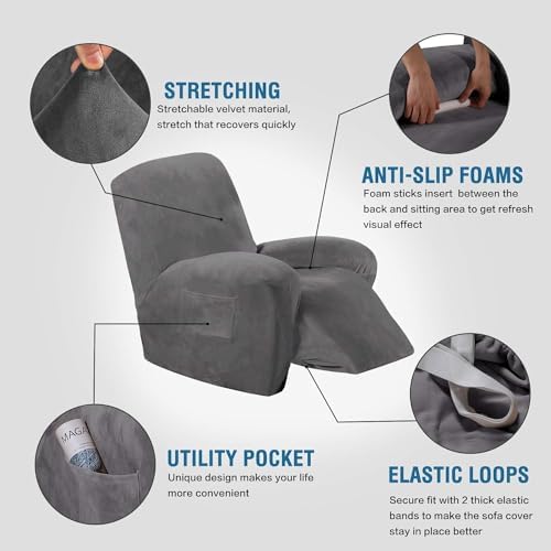 HVERSAILTEX Velvet Plush Recliner Chair Cover 1-Piece Gray