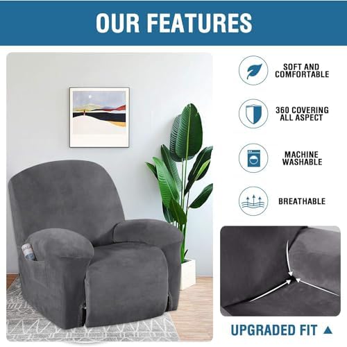 HVERSAILTEX Velvet Plush Recliner Chair Cover 1-Piece Gray