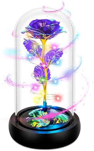 Rotating Purple Roses in Glass Dome with LED Light