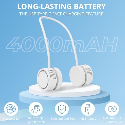 Bladeless Neck Fan 4000mAh Rechargeable 3 Speeds Travel Outdoor Fan