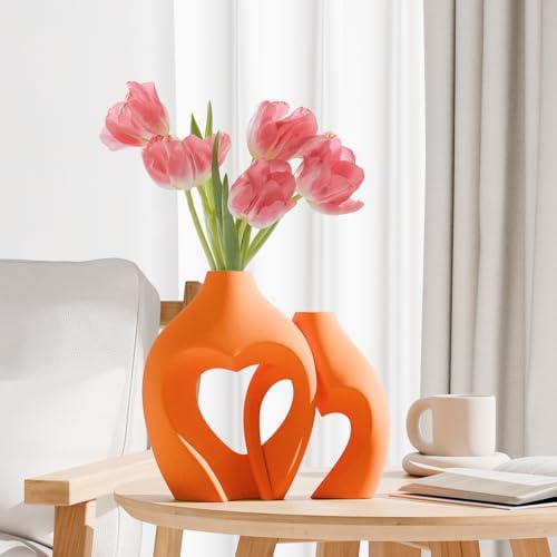 Zormon Orange Heart Shaped Ceramic Vase Set of 2