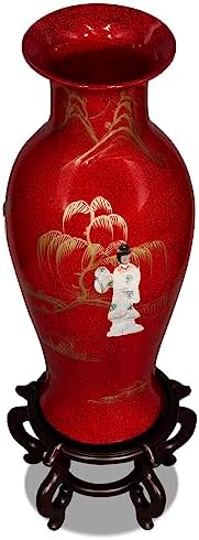 24 Inch Red Lacquer Mother of Pearl Oriental Porcelain Vase