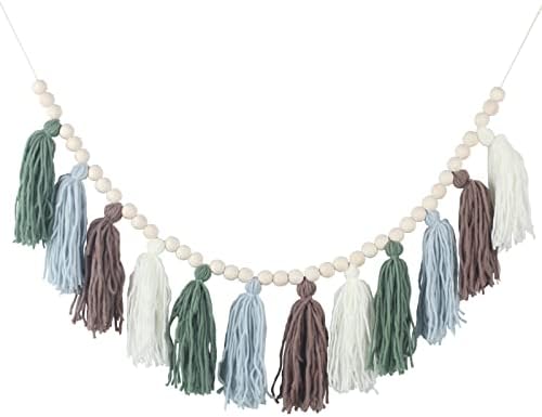 Light Green Tassel Garland with Wood Beads Boho Decor