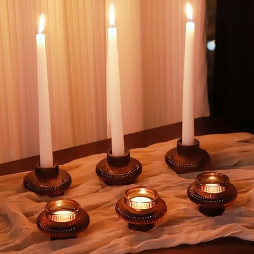 VOHO 12pcs Brown Amber Candle Holders for Fall Decor