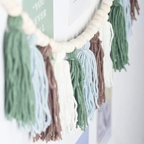 Light Green Tassel Garland with Wood Beads Boho Decor