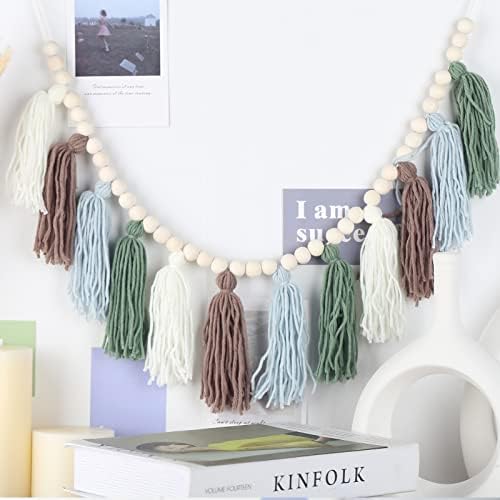 Light Green Tassel Garland with Wood Beads Boho Decor