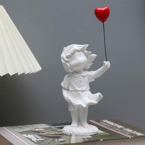 Delicate White Girl Statue Holding Red Balloon Home Decoration