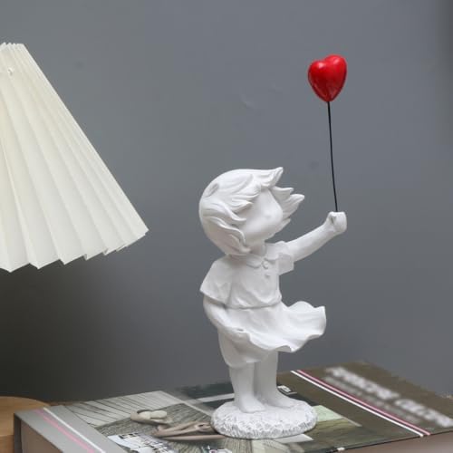 Delicate White Girl Statue Holding Red Balloon Home Decoration