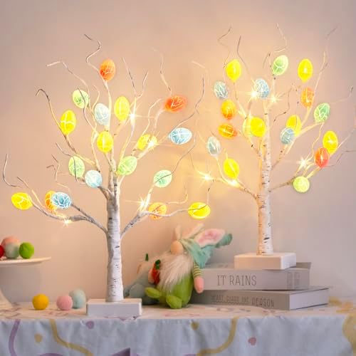 PEIDUO 22 Pre-Lit White Birch Easter Tree with 36 Cracked Eggs