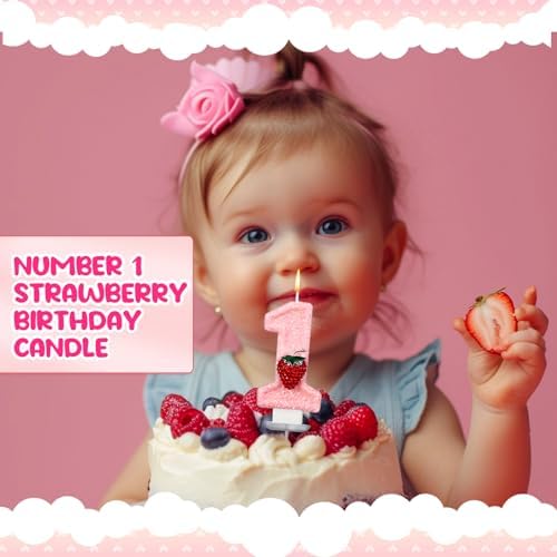 Strawberry 1st Birthday Candle Pink Number 1 Cake Topper