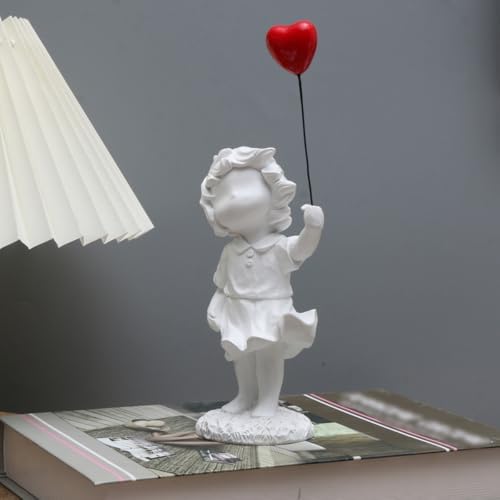 Delicate White Girl Statue Holding Red Balloon Home Decoration
