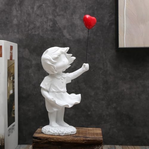 Delicate White Girl Statue Holding Red Balloon Home Decoration