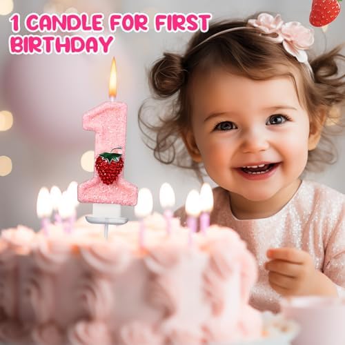 Strawberry 1st Birthday Candle Pink Number 1 Cake Topper