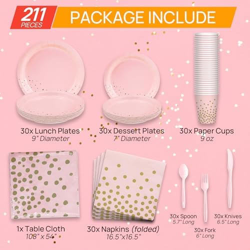 211PCS Pink Gold Plates Napkins Party Set for 30 Guests