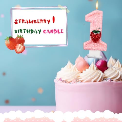 Strawberry 1st Birthday Candle Pink Number 1 Cake Topper