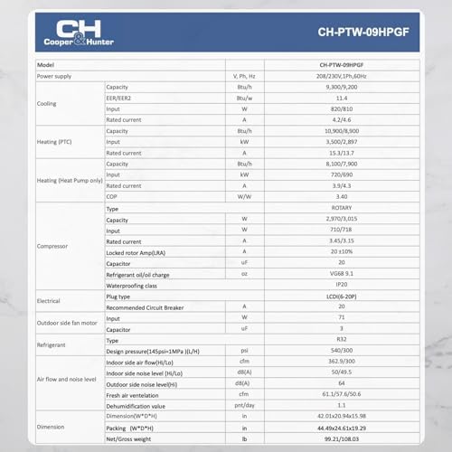 Cooper Hunter 9000 BTU PTAC Heat Pump with Built-In Electric Heater