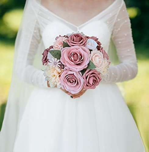 FACINOC Pink Roses Artificial Flower Bouquet Set 19pcs 1