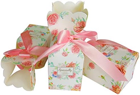 50 Pcs Floral Pattern Candy Boxes with Light Pink Ribbons 1