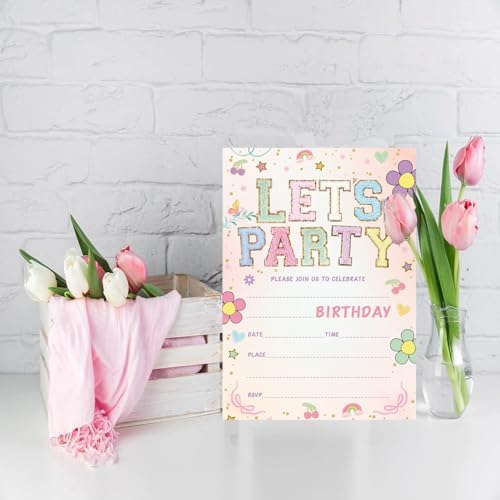 Lets Party Birthday Invitations - Cute Flower - 20Pcs Double-Sided Fill-In Cards Envelopes