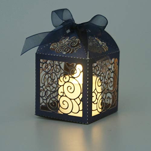 KPOSIYA 100 Pack Laser Cut Wedding Favor Boxes with Ribbons Navy
