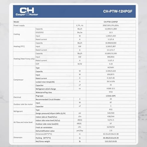 Cooper Hunter 12000 BTU PTAC Air Conditioner Heat Pump