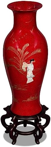 24 Inch Red Lacquer Mother of Pearl Oriental Porcelain Vase