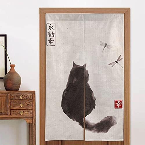 Japanese Style Door Curtain with Cat and Dragonfly Design