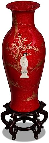 24 Inch Red Lacquer Mother of Pearl Oriental Porcelain Vase