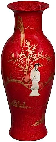24 Inch Red Lacquer Mother of Pearl Oriental Porcelain Vase