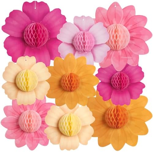 SUNBEAUTY 9 PCS Pink Orange Hanging Paper Flowers Set