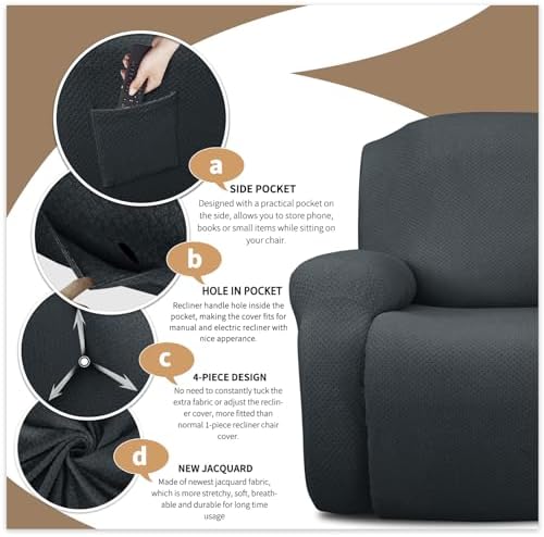 JIVINER Stretch Recliner Chair Covers 4 Piece Set Dark Gray