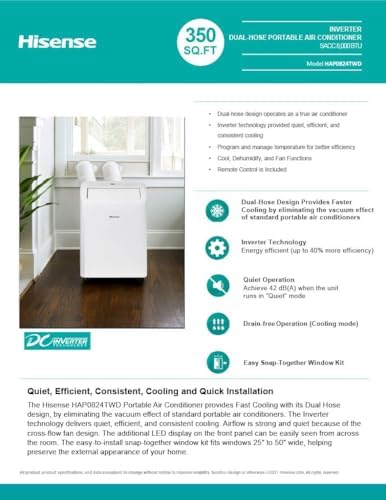 Hisense 8000 BTU Portable Air Conditioner with Dual Hose and Inverter - White