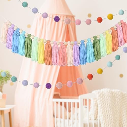 2pcs Boho Tassel Garland with Pom Pom Decor