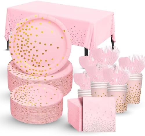 211PCS Pink Gold Plates Napkins Party Set for 30 Guests