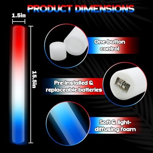 20Pack Patriotic LED Glow Sticks with 3 Modes