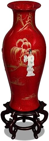 24 Inch Red Lacquer Mother of Pearl Oriental Porcelain Vase