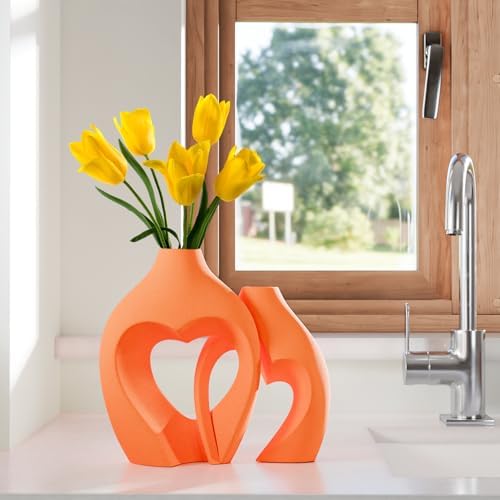 Zormon Orange Heart Shaped Ceramic Vase Set of 2