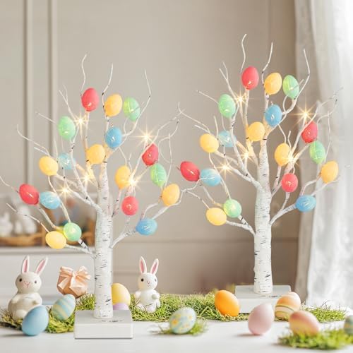 PEIDUO 22 Pre-Lit White Birch Easter Tree with 36 Cracked Eggs