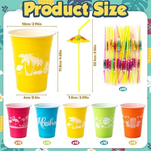 50 Hawaiian Luau Decor Cups with Parasol Straws