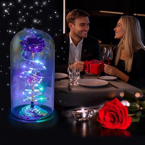 Rotating Purple Roses in Glass Dome with LED Light