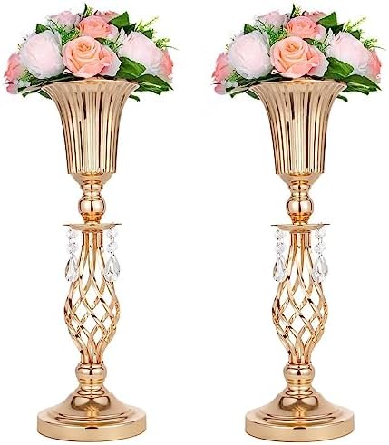 2 Pcs Beaded Crystal Gold Trumpet Vase Elegant Wedding Centerpiece