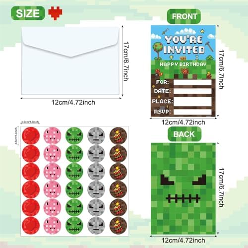 Pixel Birthday Invitations with Envelopes and Stickers