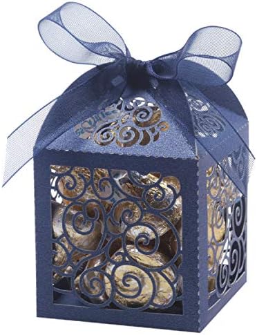 KPOSIYA 100 Pack Laser Cut Wedding Favor Boxes with Ribbons Navy
