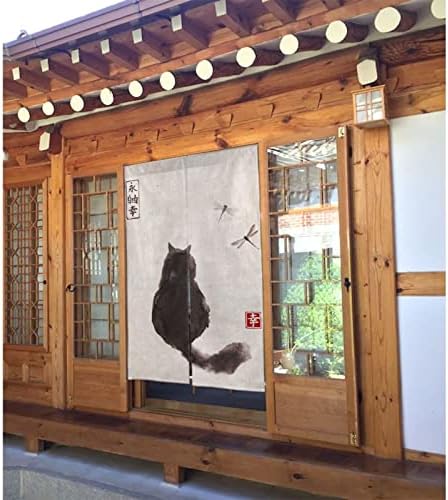 Japanese Style Door Curtain with Cat and Dragonfly Design