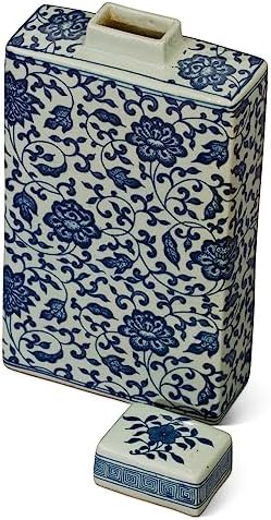 Blue and White Porcelain Chinese Tea Jar with Flowers Lid Included