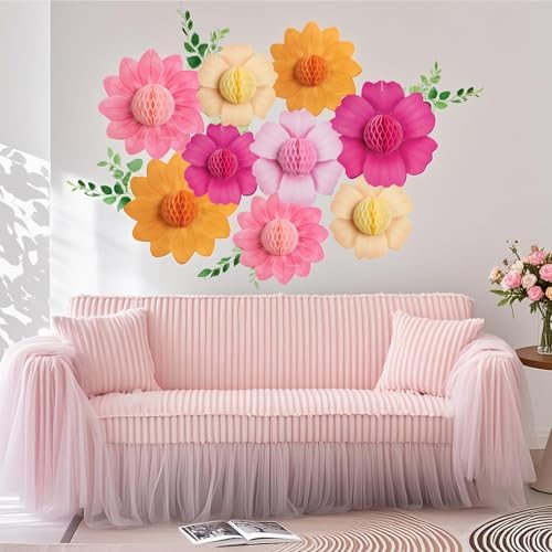 SUNBEAUTY 9 PCS Pink Orange Hanging Paper Flowers Set