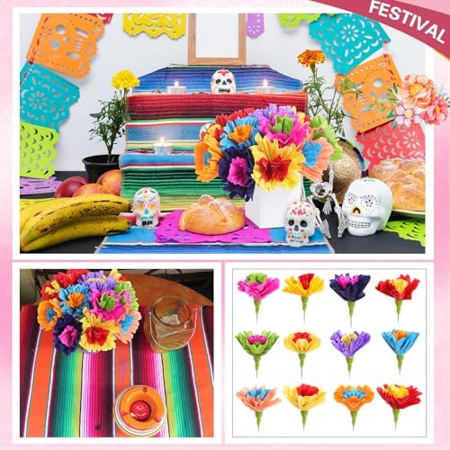 Ctosree 12 Pcs Mexican Rainbow Crepe Paper Flowers Bunch with Stems