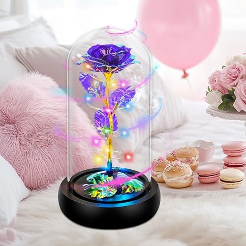 Rotating Purple Roses in Glass Dome with LED Light